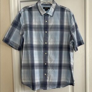 Claiborne Blue and Navy Plaid Short-Sleeve Button-Down Shirt